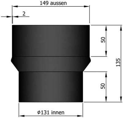 Kachelpijp verloop 130 - 150 mm - zwart - staal 2mm dikwandig