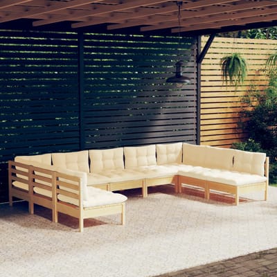 vidaXL - 9-delige - Loungeset - met - crèmekleurige - kussens - massief - grenenhout