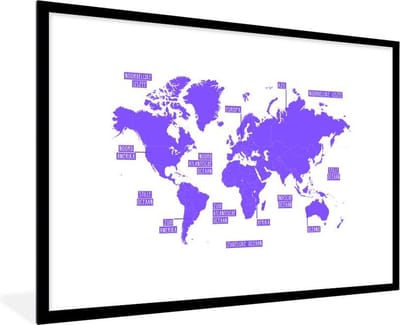 Poster in lijst - Fotolijst 120x80 cm - Posters - Wereldkaart - Paars - Simpel - Posterlijst zwart - Decoratie - Wanddecoratie woonkamer - Muurdecoratie slaapkamer