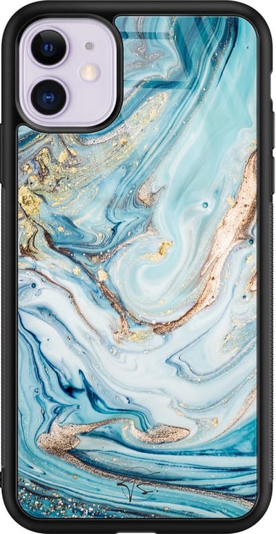 Hoesje geschikt voor iPhone 11 - Marmer blauw goud - Luxe Hard Case - Marmer - Blauw, Goud - Mooie Telefoonhoesjes