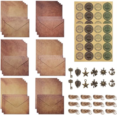 Dailygoods - Briefpapier Met Envelop Set, Briefpapier Set met 24 Vel Briefpapier, 12 Enveloppen, 12 Retro HANGs, 12 Hennepkoorden en 32 Stickers, Vintage Briefpapier voor Kantoorgebruik