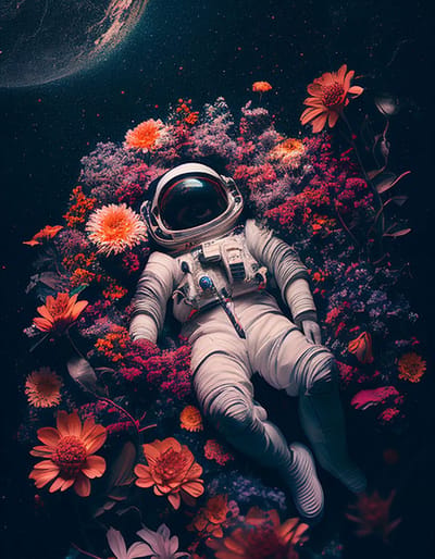 AI - Woondecoratie - Poster - Astronaut - bloemen – 02 - 60 x 80