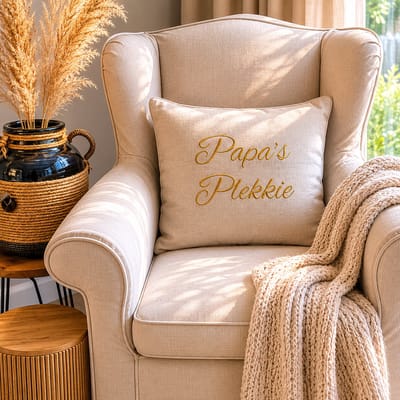 Kussen Kussenhoes met tekst bedrukt cadeau tekstbord plekje | papa’s plekkie | beige met opdruk mokka | 45x45 cm | vaderdag verjaardag papa man