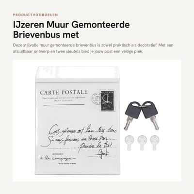 Dailygoods- Brievenbus Weerbestendig - Wandmontage - Smeedijzeren Design - Afsluitbaar met 2 Sleutels - 3 Haken - Vintage Stijl - Postbus