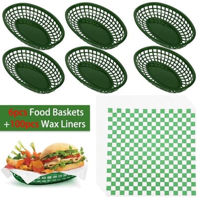 Horeca Fastfood Manden 100 Vellen Wax Delipapier Herbruikbare Ovale Plastic Fruitmand Friet Houder Mand Restaurant Snack