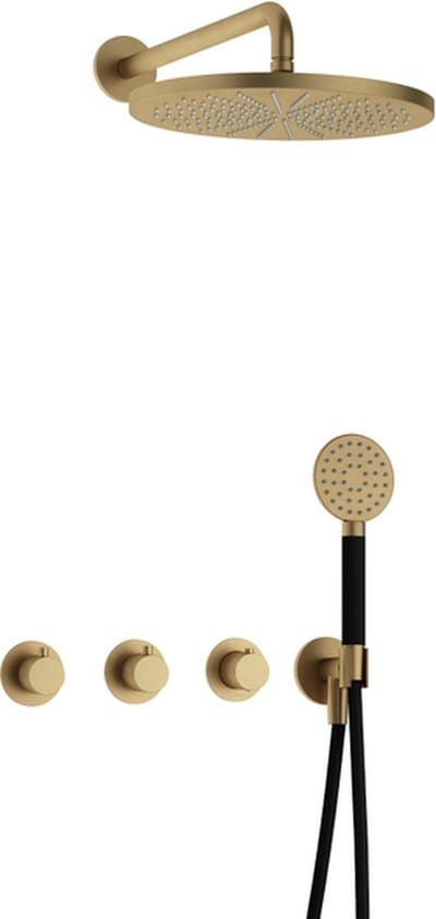 Hotbath Cobber IBS70 inbouw regendoucheset met ronde handdouche aan houder en 30cm ronde hoofddouche aan 40cm wandarm geborsteld messing