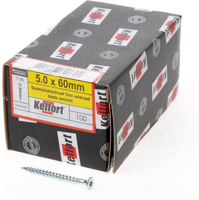 Kelfort Spaanplaatschroef platverzonken kop verzinkt T25 voldraad 5.0 x 60mm (Prijs per 100 stuks)