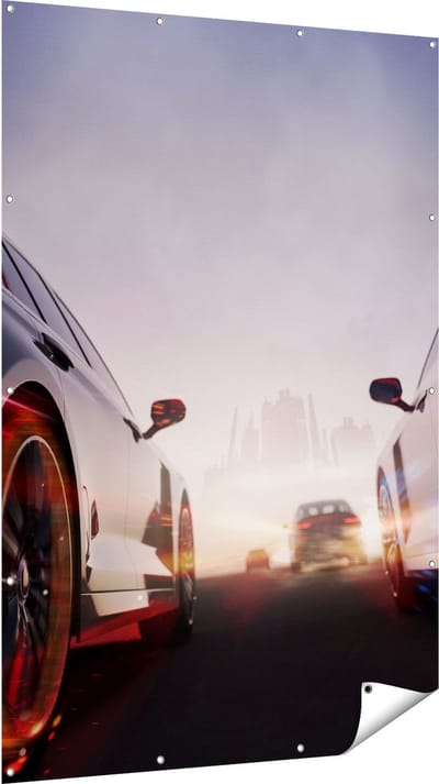 Gards Tuinposter Twee Raceauto's - Blauw Tegen Rood - 120x180 cm - Tuindoek - Tuindecoratie - Wanddecoratie buiten - Tuinschilderij