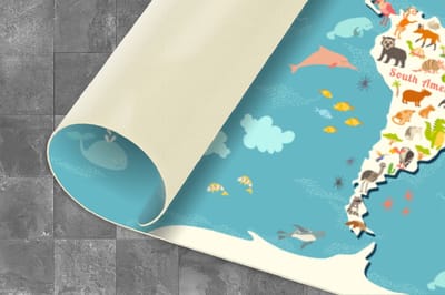 Keukenloper - Loper keuken - Wereldkaart Kinderen - Blauw - Dieren - 120x50 cm - Keukenloper vinyl