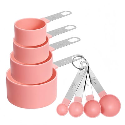 Set van 8 maatbekers en lepels, inclusief 4 roestvrijstalen nestbekers en 4 mini-maatlepels, stapelbare handgreep, nauwkeurige eetlepel voor het meten van droge en vloeibare ingrediënten (roze)