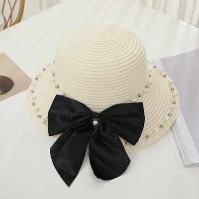 Chapeau de paille pour femmes au printemps et en été Protection solaire pour enfants Chapeau de paille en forme de nœud Chapeau de plage perlé Child 52-54cm blanc lait