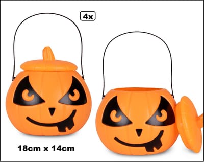 4x Creepy Pompoen emmer met deksel en hengsel 18cm x 14cm - Horror halloweenscary creepy thema feest