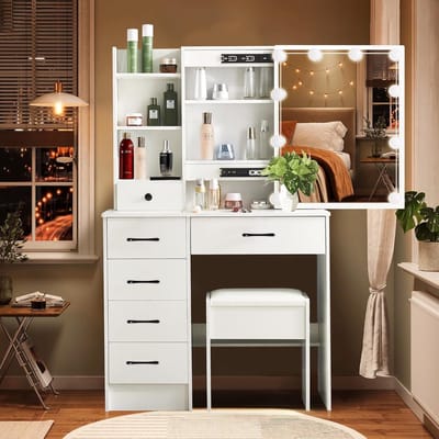 Kaptafel - Make-uptafel - Dagelijkse Make-up - 10 LED Lampen - 36x80x131 cm - Wit