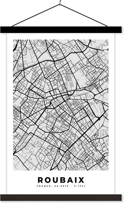 Posterhanger incl. Poster 40x60 cm - Schoolplaat - Plattegrond - Kaart - Stadskaart - Frankrijk - Roubaix - Textielposter - Zwarte latten - Stadskaart