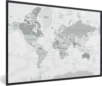 Poster in lijst - Fotolijst 90x60 cm - Posters - Wereldkaart - Wit - Grijs - Aarde - Posterlijst zwart - Decoratie - Wanddecoratie woonkamer - Muurdecoratie slaapkamer