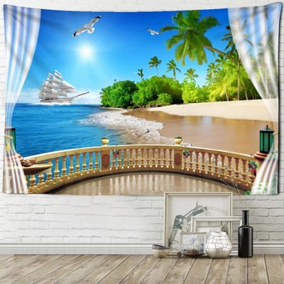 Zeegezicht Wandtapijt Wandhanger Boheemse Kunst Woonkamer Raam Schilderij Eenvoudige Noordse Woondecoratie 150X130 CM