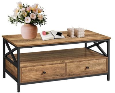 Signature Home Fiji Salontafel - woonkamertafel - banktafel voor woonkamer - Salontafel met lades - X-Struts - open vak - industrieel - walnootbruin - zwart - 100 x 56 x 45.5 cm