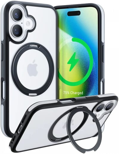 TORRAS Hoesje Geschikt voor Apple iPhone 16 - UPRO Ostand R Fusion - Compatibel met MagSafe - 360° Draaibare Standaard - Back Cover Kickstand Ring - Zwart