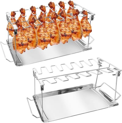 1 STUKS Kippenpootrek voor Grill, 14 Slots Duurzaam Drumstick Roestvrijstalen Rek, Kippenpoothouder Grillgereedschap voor Kippenpoten Grillen (1 Verpakking met Lekbak)
