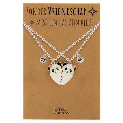 BFF Ketting voor 2 'Zonder Vriendschap mist een dag zijn kleur' - Magnetisch Hartje Panda's - Vriendschapsketting op Cadeau Kaartje - 45cm + 5cm verstelbaar - Zilverkleurig - Best Friends Hanger - Pax Amare