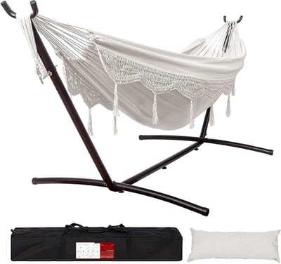 Dubbele Hangmat - Kampeer Hangmat - Buiten Ontspannen - Inclusief Draagtas - 9FT - Beige met kant