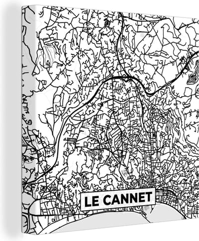 Canvas Schilderij Kaart – Le Cannet - Stadskaart – Frankrijk – Plattegrond - Zwart wit - 20x20 cm - Wanddecoratie