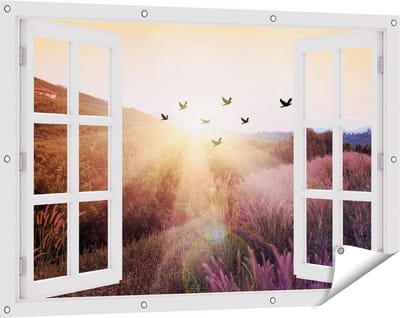 Gards Tuinposter Doorkijk Silhouet Zwerm Vogels bij Zonsondergang - 120x80 cm - Tuindoek - Tuindecoratie - Wanddecoratie buiten - Tuinschilderij