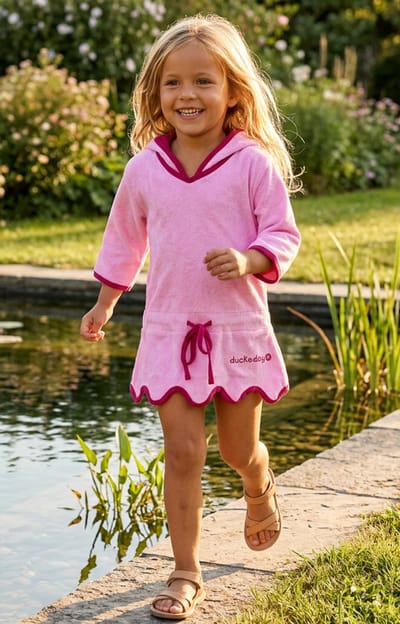 Ducksday - Badponcho - Badjurk - zomerjurk - badstof - 98/104 - meisje - roze – gevoerd