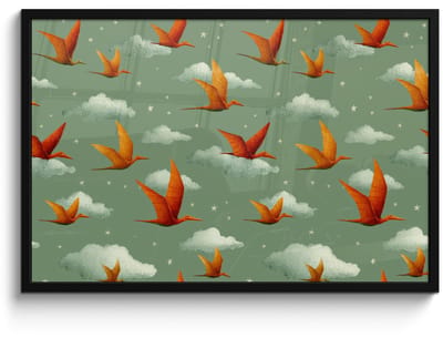 Poster in lijst - Fotolijst 90x60 cm - Posters - Dinosaurussen - Wolken - Sterren - Oranje - Posterlijst zwart - Decoratie - Wanddecoratie woonkamer - Muurdecoratie slaapkamer