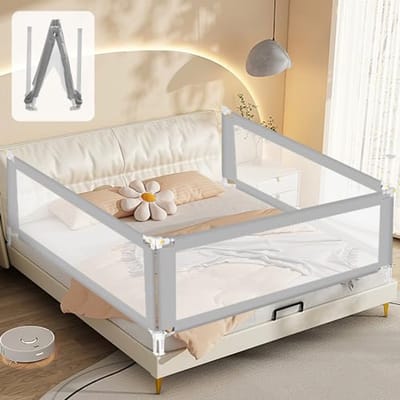 Fiqops Bedhekje, uitvalbescherming, inklapbaar, 2 x 200 cm + 1 x 180 cm, bedbeschermingshek, opvouwbaar, kinderbedhek, voor reizen, nagelvrije montage, valbeveiliging, bed voor kleine kinderen,