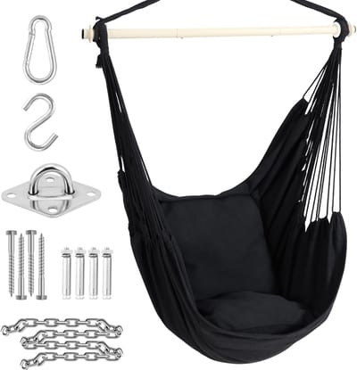 Extra Comfortabele Hangstoel met Hangset, XL Draagbare Hangstoel met 2 Kussens en Metalen Steunbalk voor Binnen en Buiten, Zwart, Ideaal voor Tuin en Terras