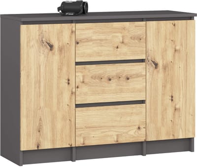 Ladekast K100 met 3 Lades en 2 Deuren / AKORD Furniture Factory / Grafietgrijs - Artisan Eik / 101 x 76 x 35 cm