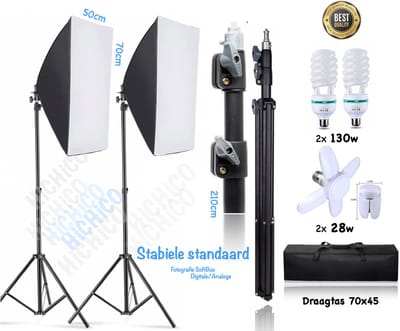 Studiolampen HiCHiCO® 1Set – Studioflitsers - Softbox fotostudio set - fotolamp fotografie softbox – Draagtas 70x45x45 – Lamp 130w en 28w en Professionele licht stand