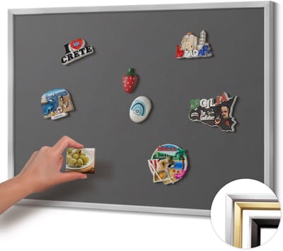 Wallfluent - Grijs Magneetbord Met Effen Achtergrond - 80 cm x 60 cm - Magneetbord met Zilveren Frame - Kleur donkergrijs - Magneetbord voor Foto's en Notities - Magnetisch Bord Foto Bevestiging - Magneetbord voor Reissouvenirs