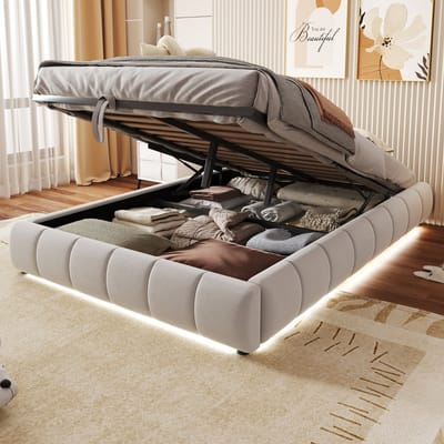 Wishdor Gestoffeerd Bedframe 140x200 cm – Zonder Hoofdbord – Hydraulische Opbergruimte – Witte LED-Lichtstrip – Flanel – Beige