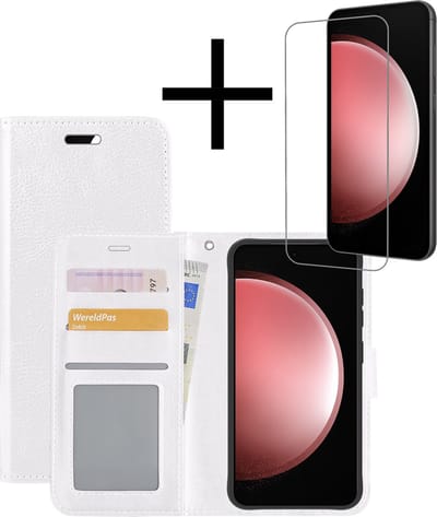 Hoesje - Met Screenprotector - Geschikt voor Samsung Galaxy S23 FE - Luxe Pasjeshouder - Bookcase Portemonee - Flip Case - Kunstleer Book Case - Flipcase - Book Cover - Walletcase - Portemonneehoes - Wit