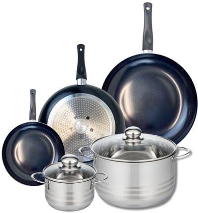 Set van 3 Koekenpannen 20, 28 en 32 cm en 2 kookpotten 14 en 24 cm Elo Prima Glanzend