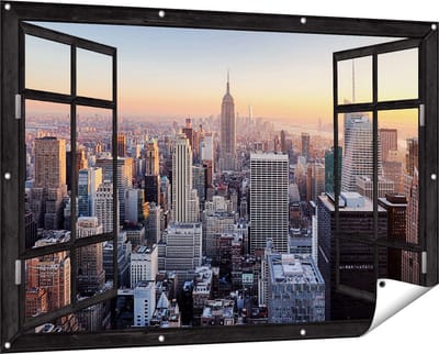 Gards Tuinposter Doorkijk New York Skyline met Wolkenkrabbers - 150x100 cm - Tuindoek - Tuindecoratie - Wanddecoratie buiten - Tuinschilderij