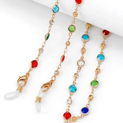 Goudkleurig en multicolor strass brillenkoord dames – vintage stijl brillenkoord met ronde facet stenen – metalen ketting met siliconen antislip uiteinden