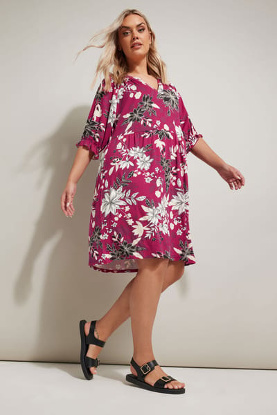 Yours Mini Jurk Met Bloemenmotief En Inkeping In De Hals In Roze/Wit Size 50-52