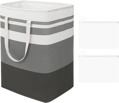 Vouwbare Wasmand 75L in Grijs en Wit met 2 Opbergzakken, Ideaal voor Badkamer, Kinderkamer en Studentenhuis, Ruime Wasverzamelaar met Handvat