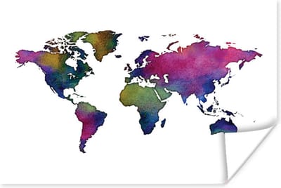 Poster 30x20 cm - Wereldkaart - Waterverf - Kleur - Posters - Kamer decoratie - Wanddecoratie woonkamer - Muurdecoratie slaapkamer