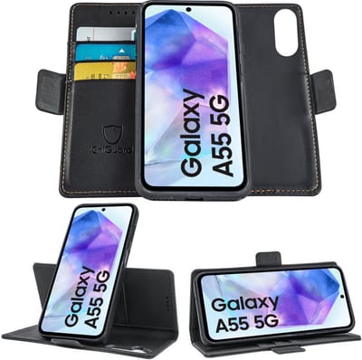 Geschikt voor Samsung Galaxy A55 - Book Case Hoesje - Uitneembaar Hoesje - Magnetische Sluiting - Portemonnee Rustic Zwart
