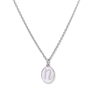 New Bling 9LA-20059-N Zilveren Ketting met Letterhangertje - N - Ovaal - 12x8,8mm - Emaille - Lila - Initiaal sieraad - Rhodium - Zilver