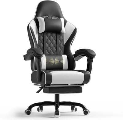Zerova Gamestoel met Massage Lendensteun - Ergonomische Bureaustoel - Verstelbare Rugleuning - In Hoogte Verstelbaar - Zwart/Wit