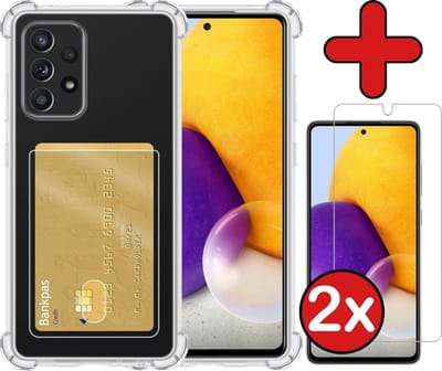 Hoesje - Geschikt voor Samsung Galaxy A72 - Met 2x Screenprotector - Pashouder - Kaarthouder - Back Cover - Telefoon Hoes Shockproof - Siliconen Case - Shock Proof - Pasjes Houder - Telefoonhoes - Transparant