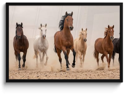 Poster in lijst - Fotolijst 90x60 cm - Posters - Kudde paarden - Stofwolk - Bruin - Zwart - Posterlijst zwart - Decoratie - Wanddecoratie woonkamer - Muurdecoratie slaapkamer