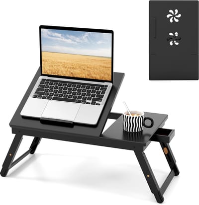 COSTWAY Bamboe Laptoptafel, inklapbaar, notebooktafel, in hoogte verstelbaar, kantelbaar en geventileerd, laptop met lade, opvouwbare bedtafel voor lezen, ontbijt, 53 x 33 x 20-26,5 cm (bruin)