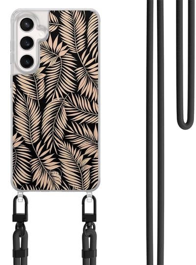 Hoesje met koord geschikt voor Samsung Galaxy S24 FE - Palm silhouette - Inclusief Zwart koord - Crossbody beschermhoes - Transparant, Zwart, Beige - Mooie Telefoonhoesjes