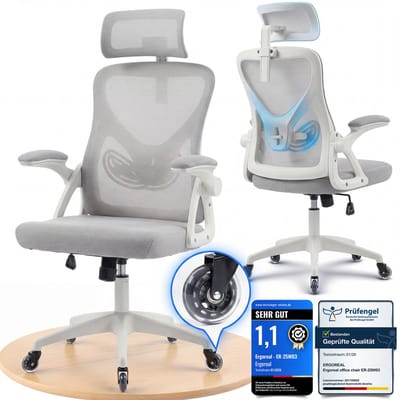 Ergonomische Bureaustoel - Office Chair - Bureaustoelen voor Volwassenen - Opklapbare armleuningen-Lendensteun - Gamestoel - Gamingsstoel - Grijs
